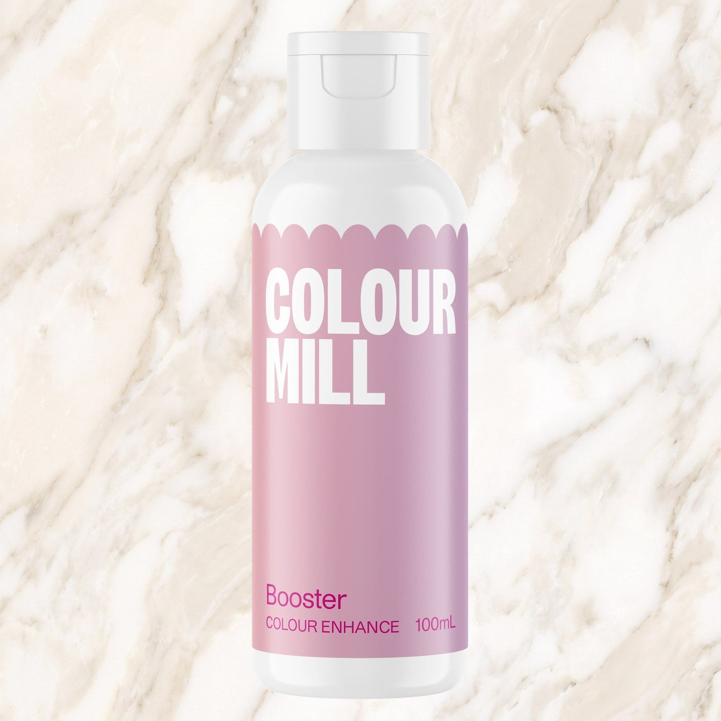Colour Mill Booster 100ml oil based food coloring bottle on a marbled background