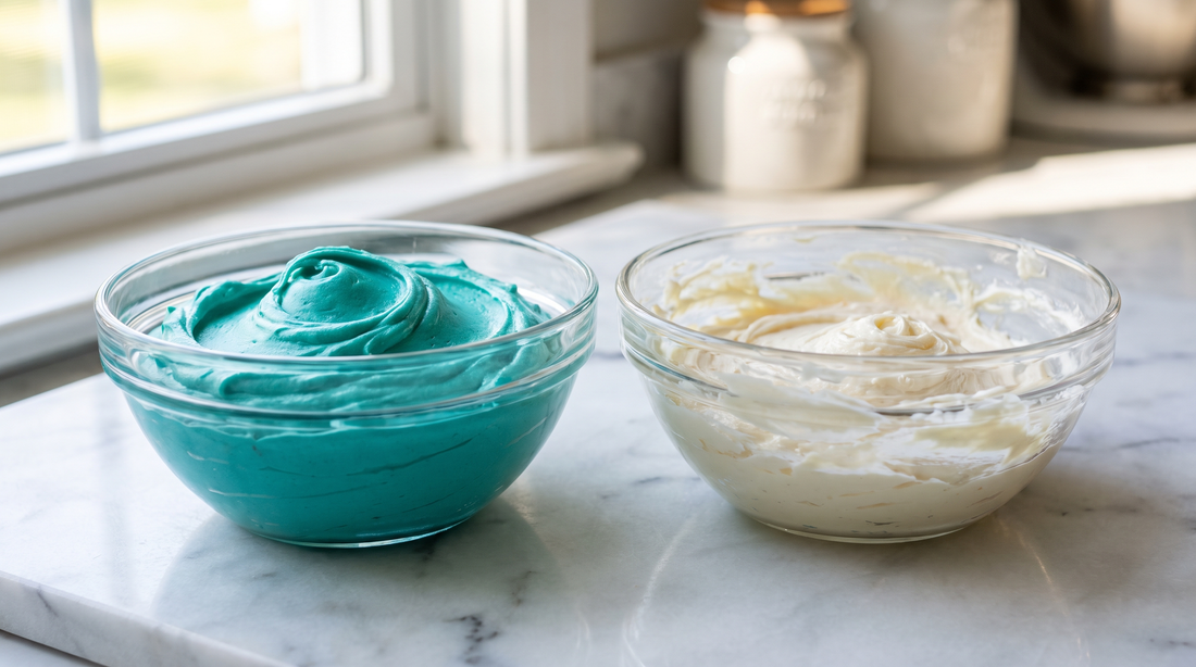 Two bowls of buttercream, one vividly coloured and smooth, one pale and streaky