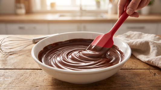 Glossy melted dark chocolate being stirred smooth with a spatula