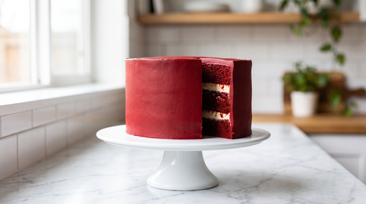 A layer cake frosted in deep true red buttercream with sharp edges