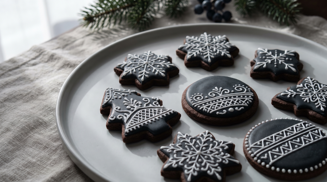 Cookies decorated with deep jet black icing and fine white piped detail