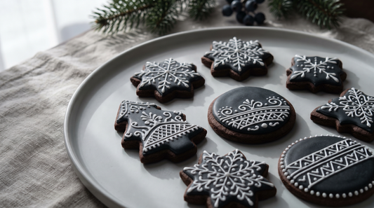 Cookies decorated with deep jet black icing and fine white piped detail