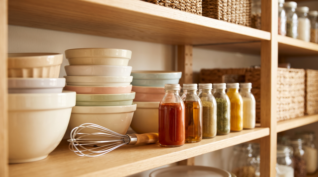 A tidy baking pantry shelf with rows of small colourful bottles and mixing bowls