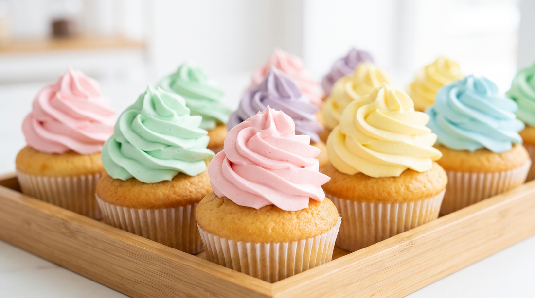 A tray of bakery-style cupcakes with tall swirled pastel frosting