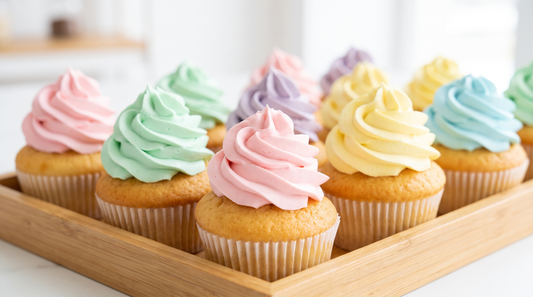A tray of bakery-style cupcakes with tall swirled pastel frosting