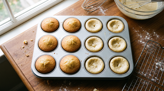 Cupcakes in a muffin tin, some perfectly domed and some sunken