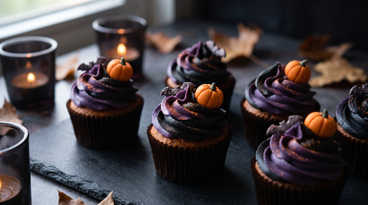 Halloween cupcakes with deep purple and black frosting and orange accents