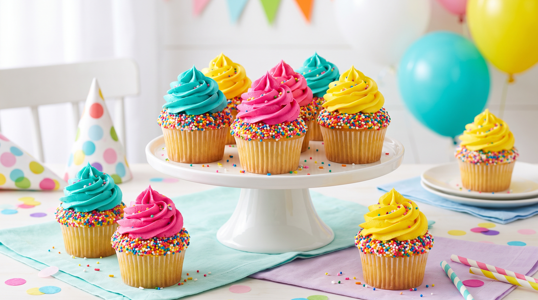 Bright birthday cupcakes with turquoise, hot pink and yellow frosting and sprinkles