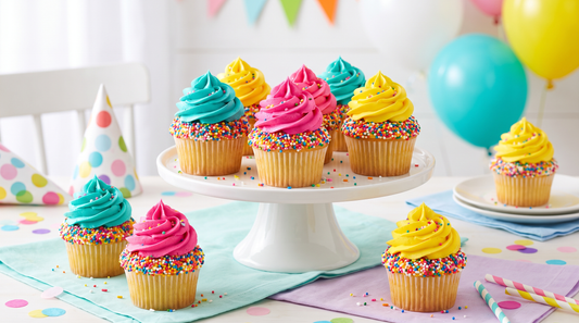 Bright birthday cupcakes with turquoise, hot pink and yellow frosting and sprinkles