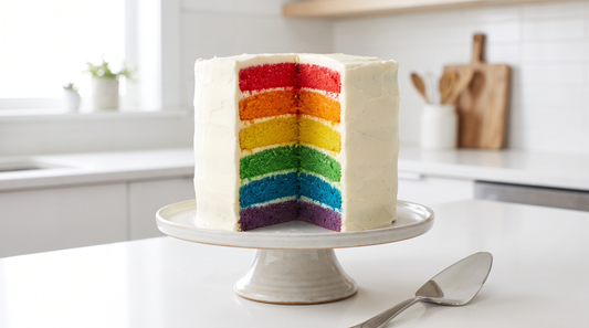 A tall rainbow layer cake cut open to reveal six vivid colored sponge layers