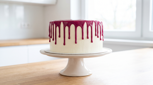 A white cake with glossy deep magenta drips running evenly down the sides