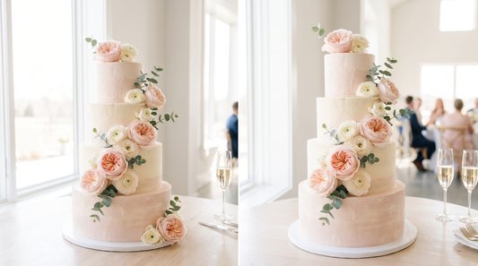 An elegant tiered wedding cake in soft blush and cream with fresh flowers