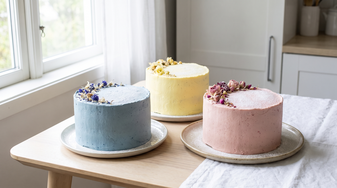 Three cakes in soft pastel powder blue, pale lemon and blush with matte finish