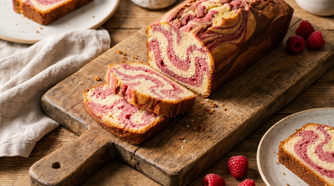 A sliced marble loaf cake showing distinct swirled pink and vanilla ribbons