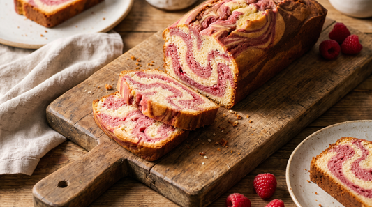 A sliced marble loaf cake showing distinct swirled pink and vanilla ribbons