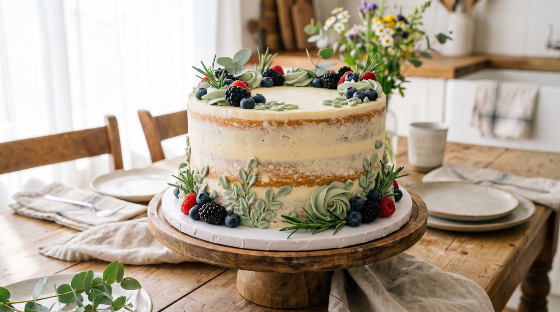 A semi naked cake with thin scraped frosting and soft sage buttercream detail