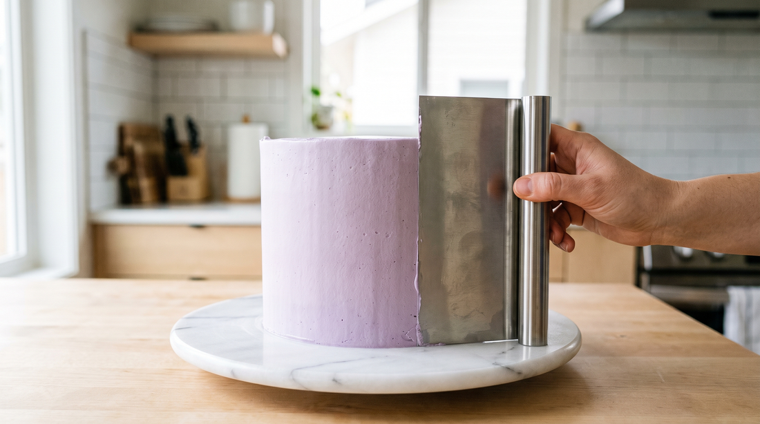 A bench scraper smoothing perfectly even lavender buttercream on a cake