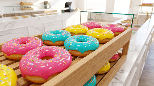 A rack of donuts glazed in vivid pink, turquoise and yellow with sprinkles
