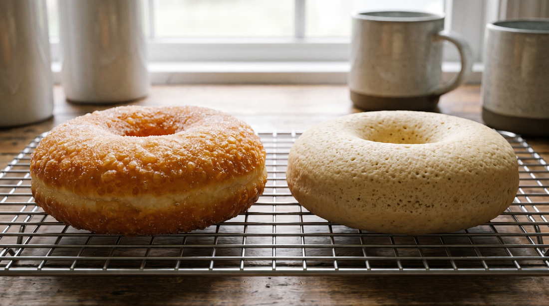A fried donut and a baked donut side by side on a wire rack showing texture difference