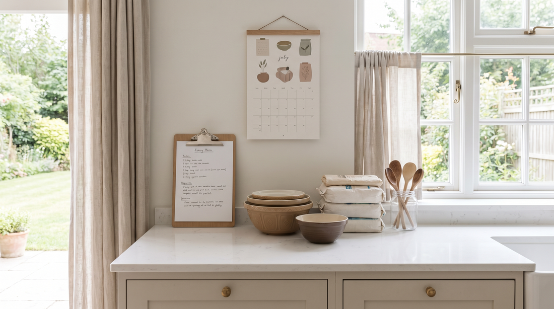A calm organized bakery workspace with a clipboard and neatly arranged mixing bowls