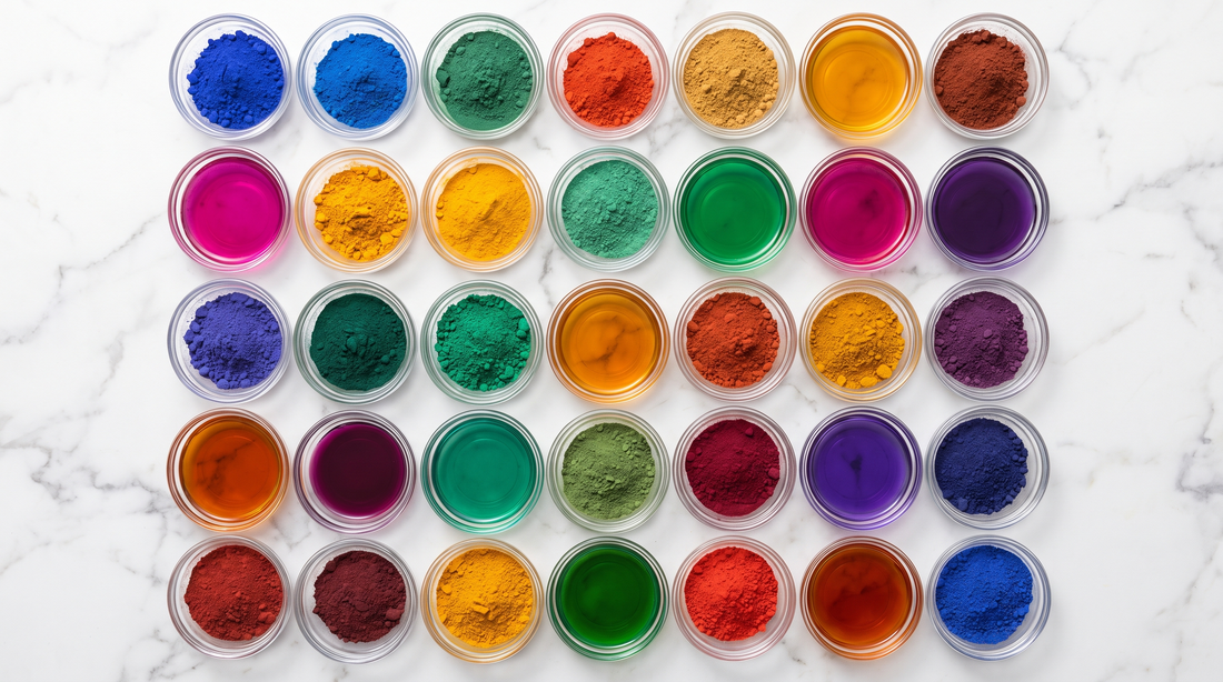 Overhead arrangement of small dishes holding vivid pigment powders and colored liquids