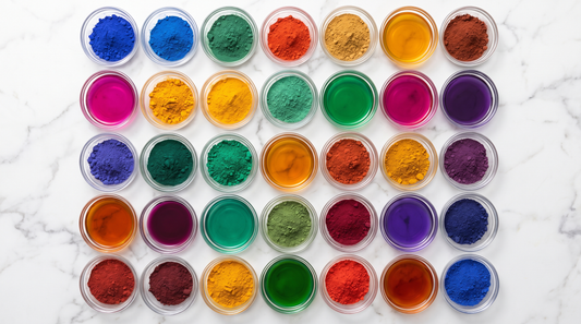 Overhead arrangement of small dishes holding vivid pigment powders and colored liquids