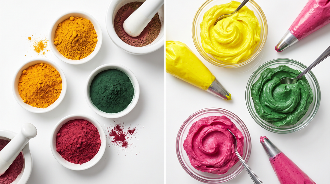 Natural colorants like turmeric, spirulina and beet powder beside vivid colored frostings