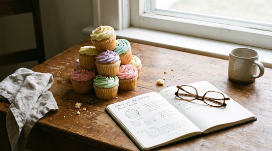 A stack of colorful frosted cupcakes beside an open notebook and reading glasses