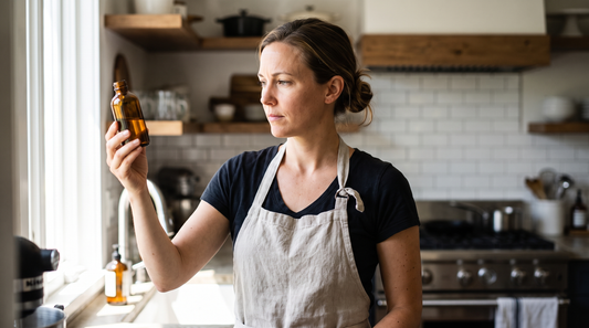 A baker in an apron examining a small bottle closely in a bright clean kitchen