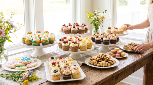 An inclusive dessert table with a variety of colorful cupcakes and cookies on white platters