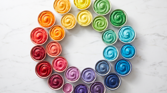 A color wheel arranged from swirls of colorful buttercream on a marble surface