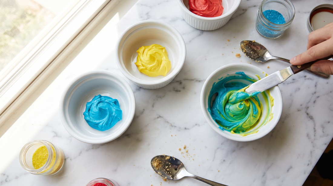Small bowls of primary colored frosting being blended into new custom shades
