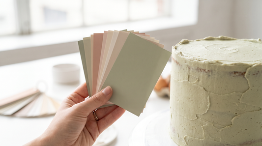 A hand holding a fabric swatch beside bowls of carefully matched colored frosting