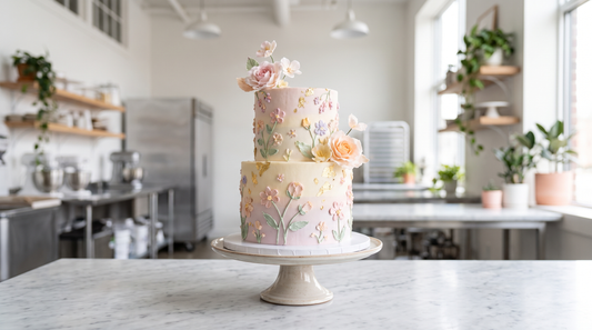 An elegant tiered custom cake with delicate piping on a display stand