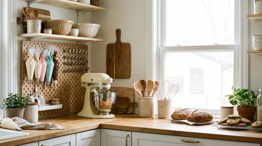 A tidy home bakery counter with a stand mixer, cooling racks and neatly labeled supplies