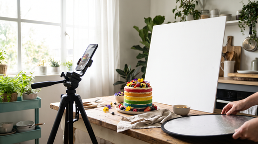 A phone on a small tripod photographing a colorful cake near a bright window