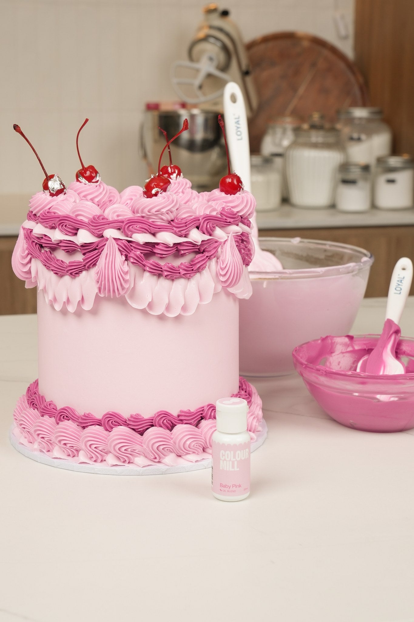 Cake decorated with buttercream colored using Colour Mill Baby Pink oil based food coloring
