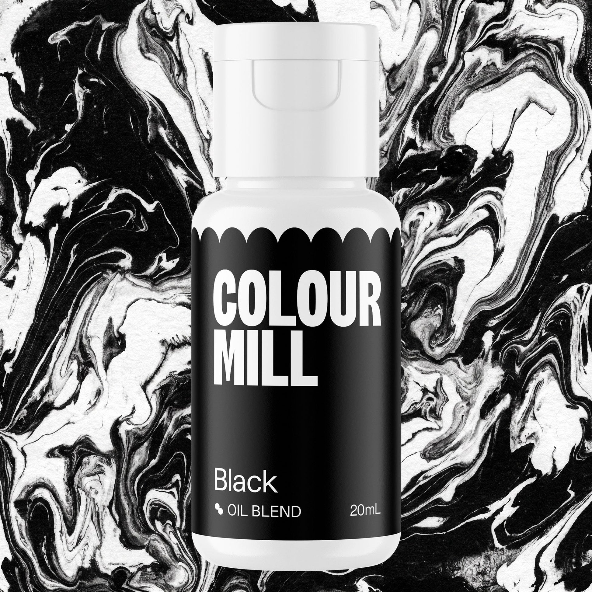 Colour Mill Black 20ml oil based food coloring bottle on a marbled background