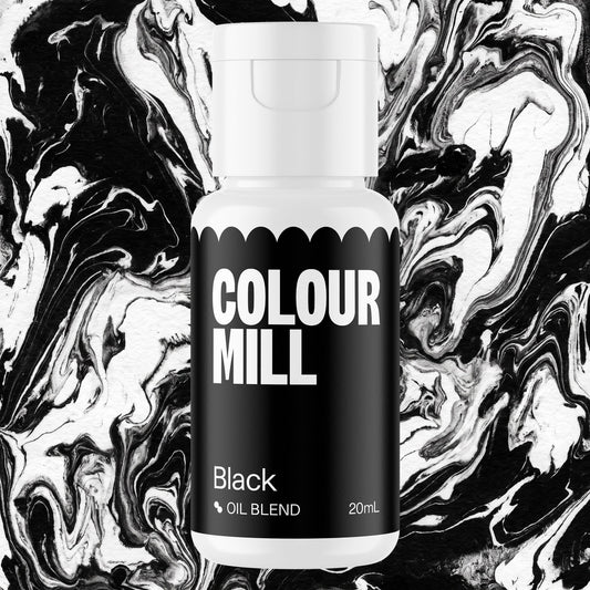 Colour Mill Black 20ml oil based food coloring bottle on a marbled background