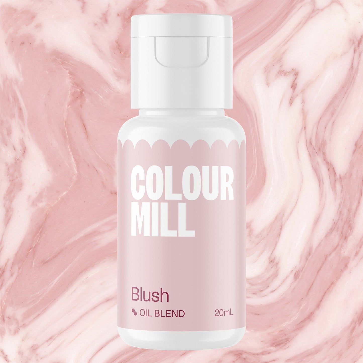 Colour Mill Blush 20ml oil based food coloring bottle on a marbled background
