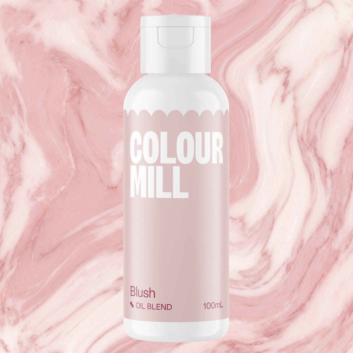 Colour Mill Blush 100ml oil based food coloring bottle on a marbled background