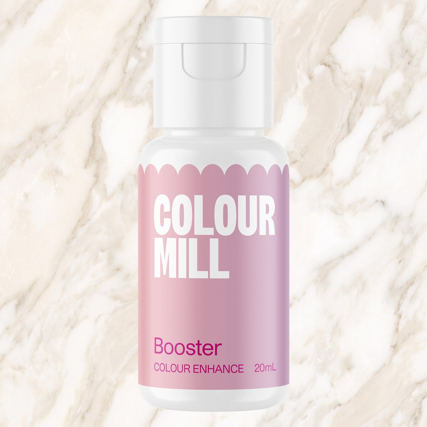 Colour Mill Booster 20ml oil based food coloring bottle on a marbled background