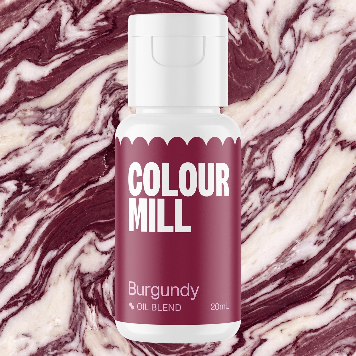 Colour Mill Burgundy 20ml oil based food coloring bottle on a marbled background