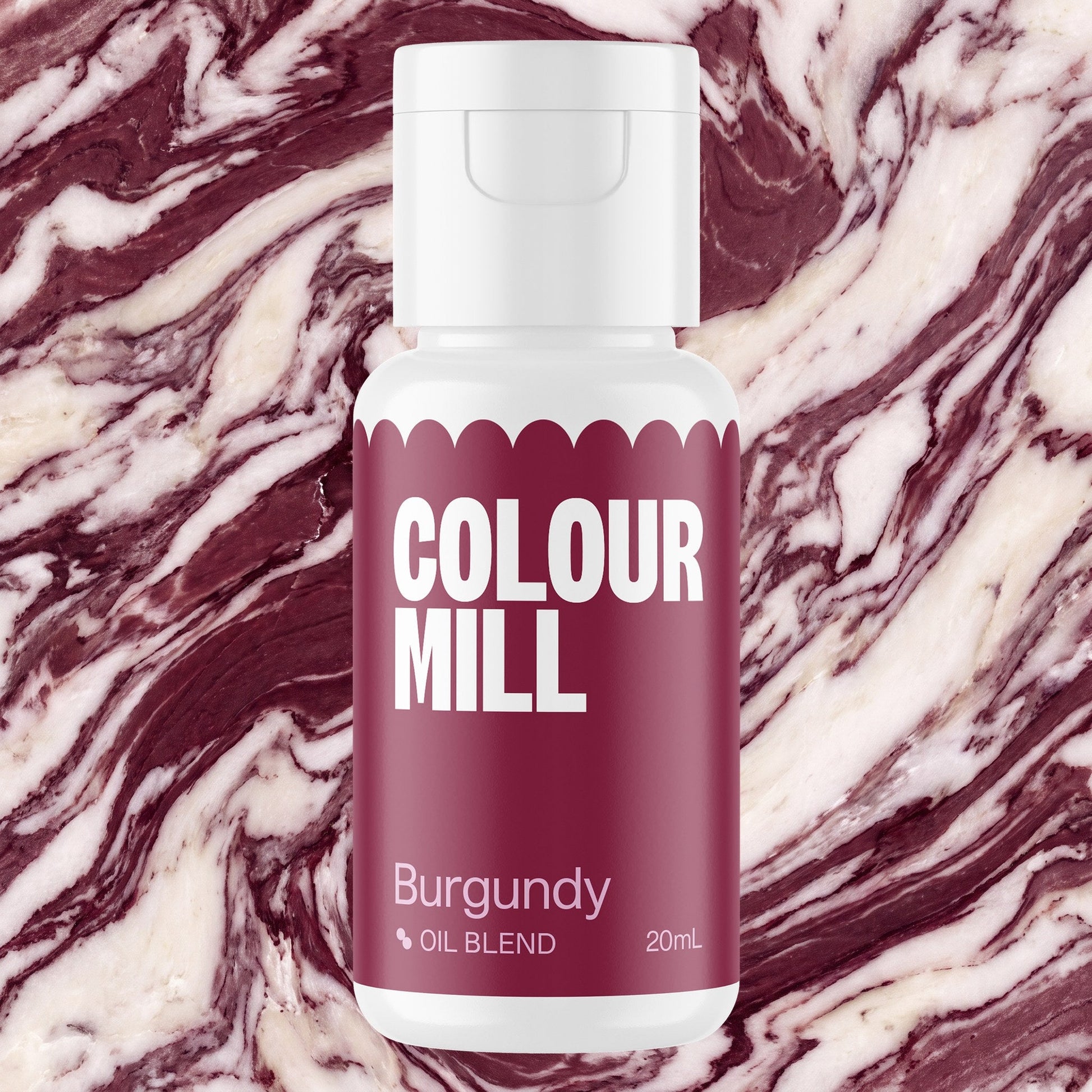 Colour Mill Burgundy 20ml oil based food coloring bottle on a marbled background