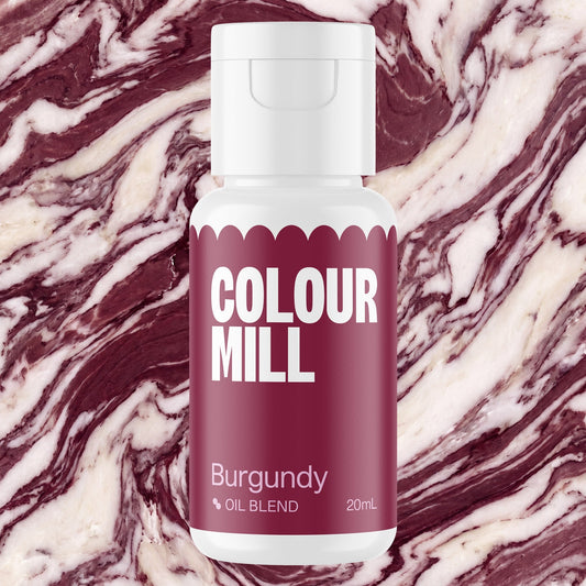 Colour Mill Burgundy 20ml oil based food coloring bottle on a marbled background