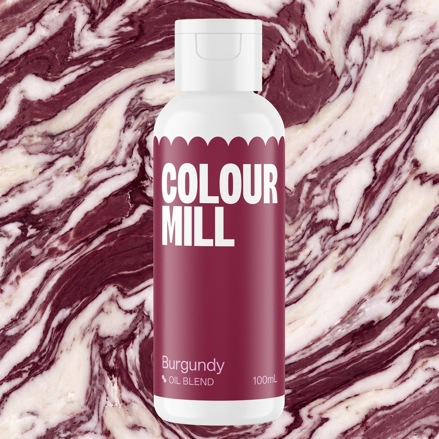 Colour Mill Burgundy 100ml oil based food coloring bottle on a marbled background
