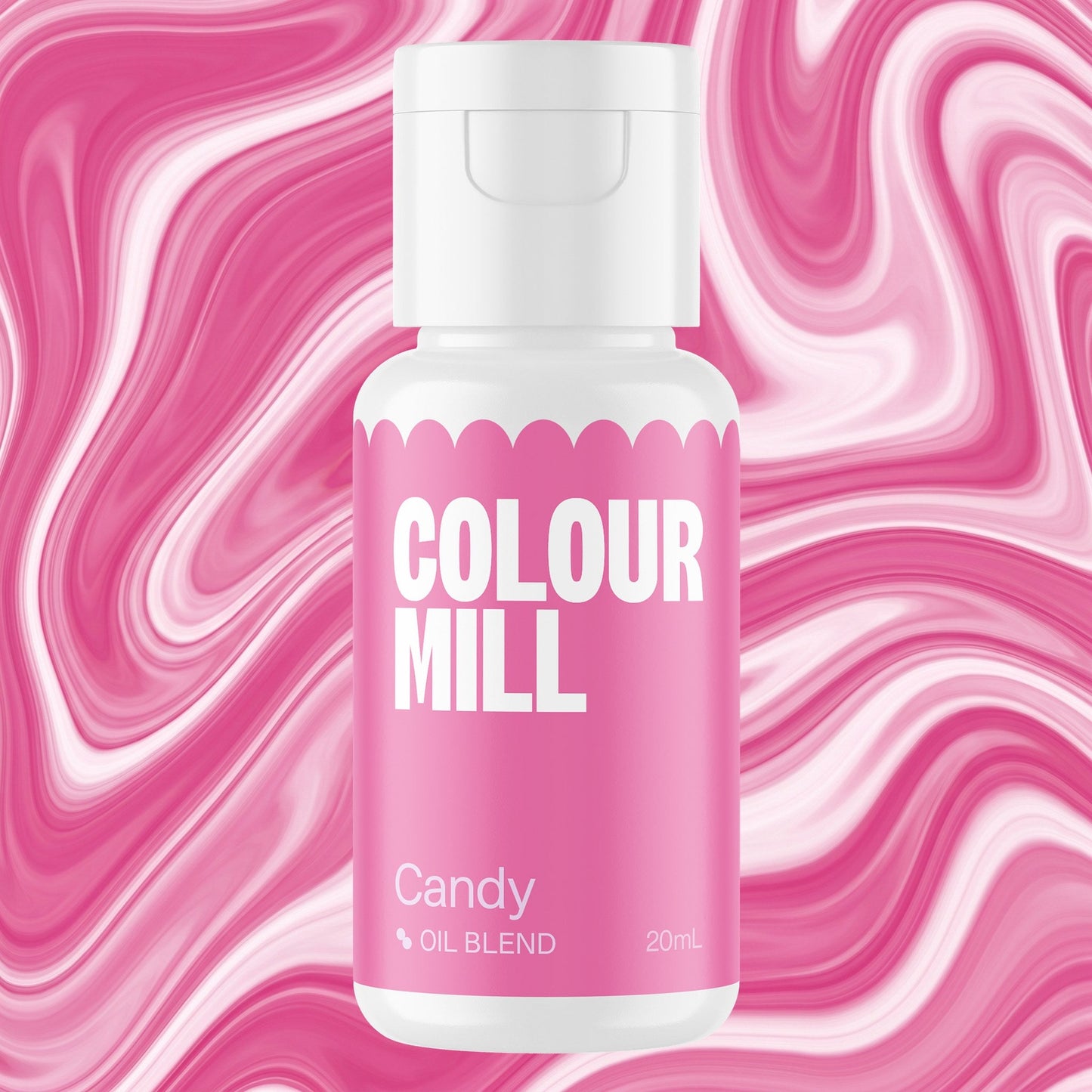 Colour Mill Candy 20ml oil based food coloring bottle on a marbled background