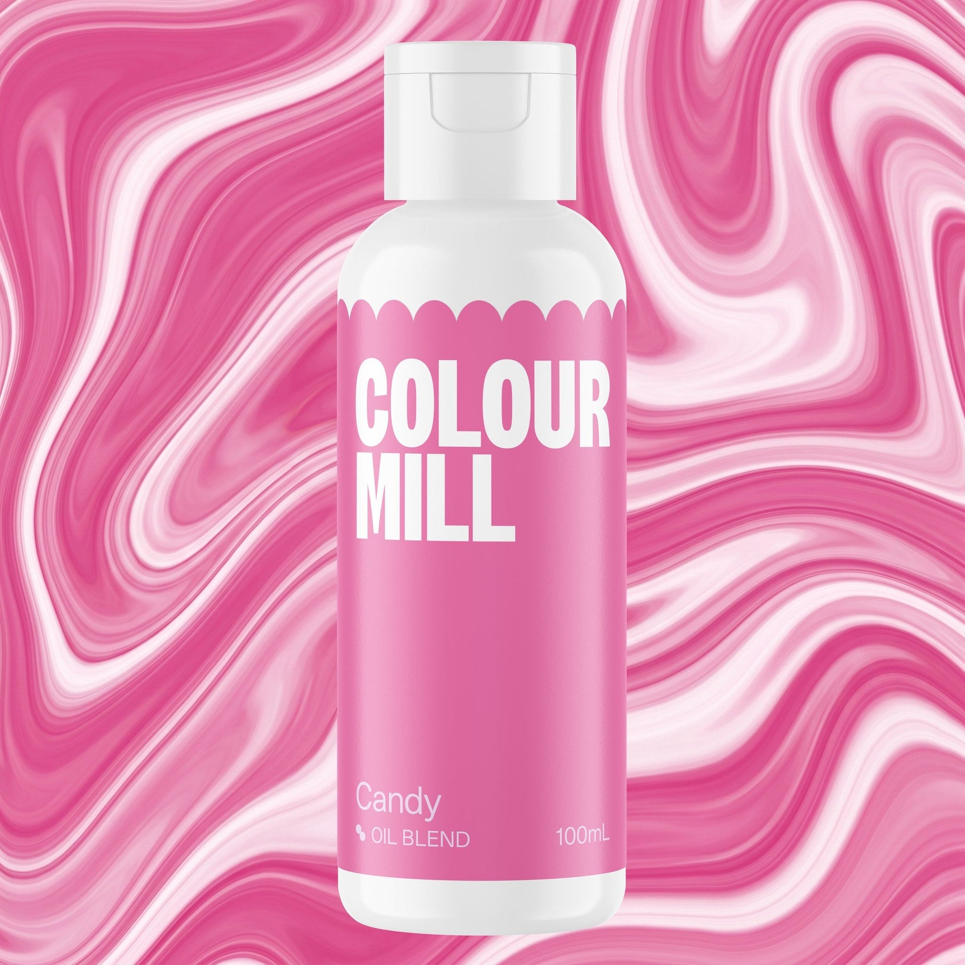 Colour Mill Candy 100ml oil based food coloring bottle on a marbled background