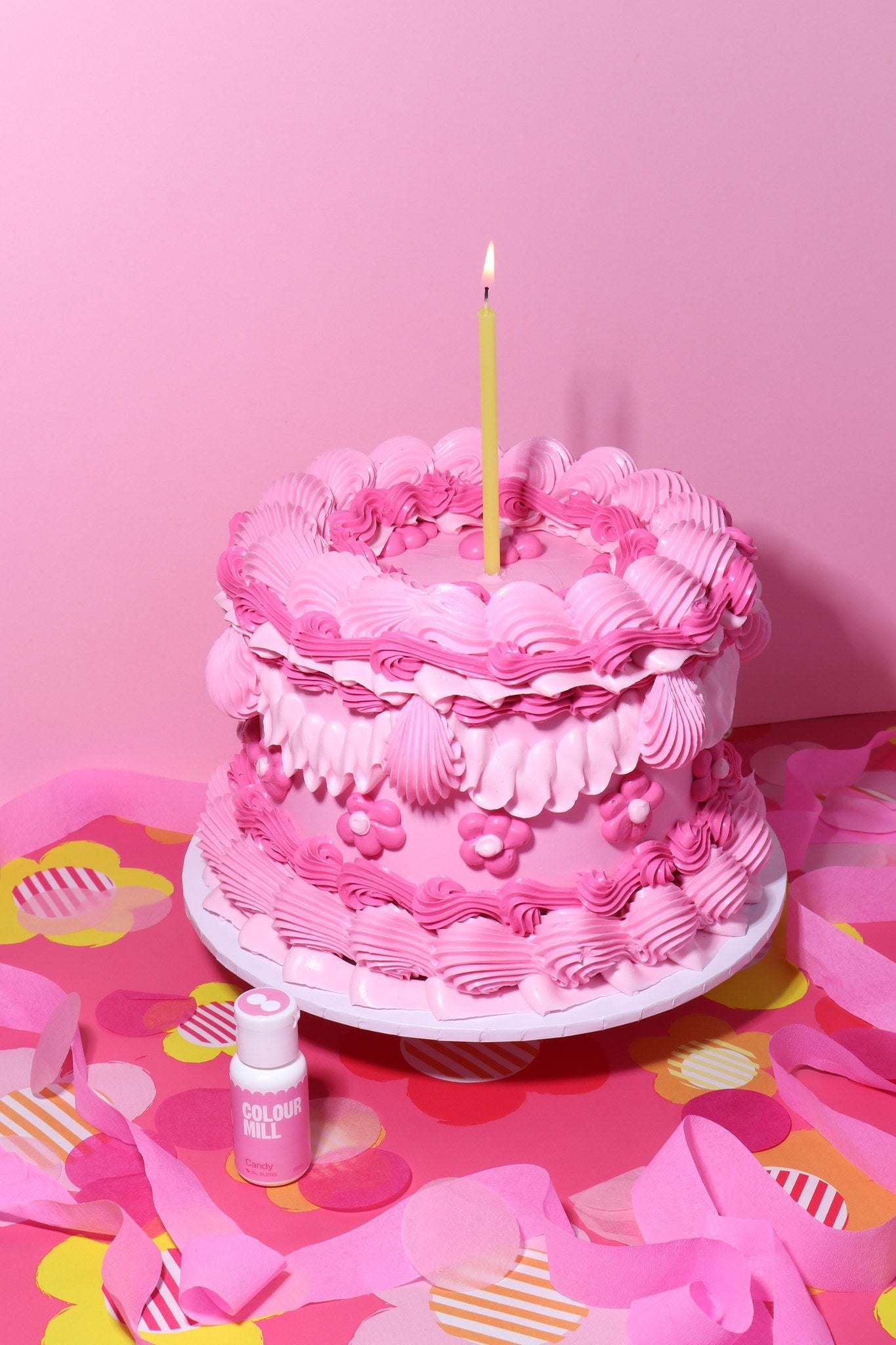 Cake decorated with buttercream colored using Colour Mill Candy oil based food coloring
