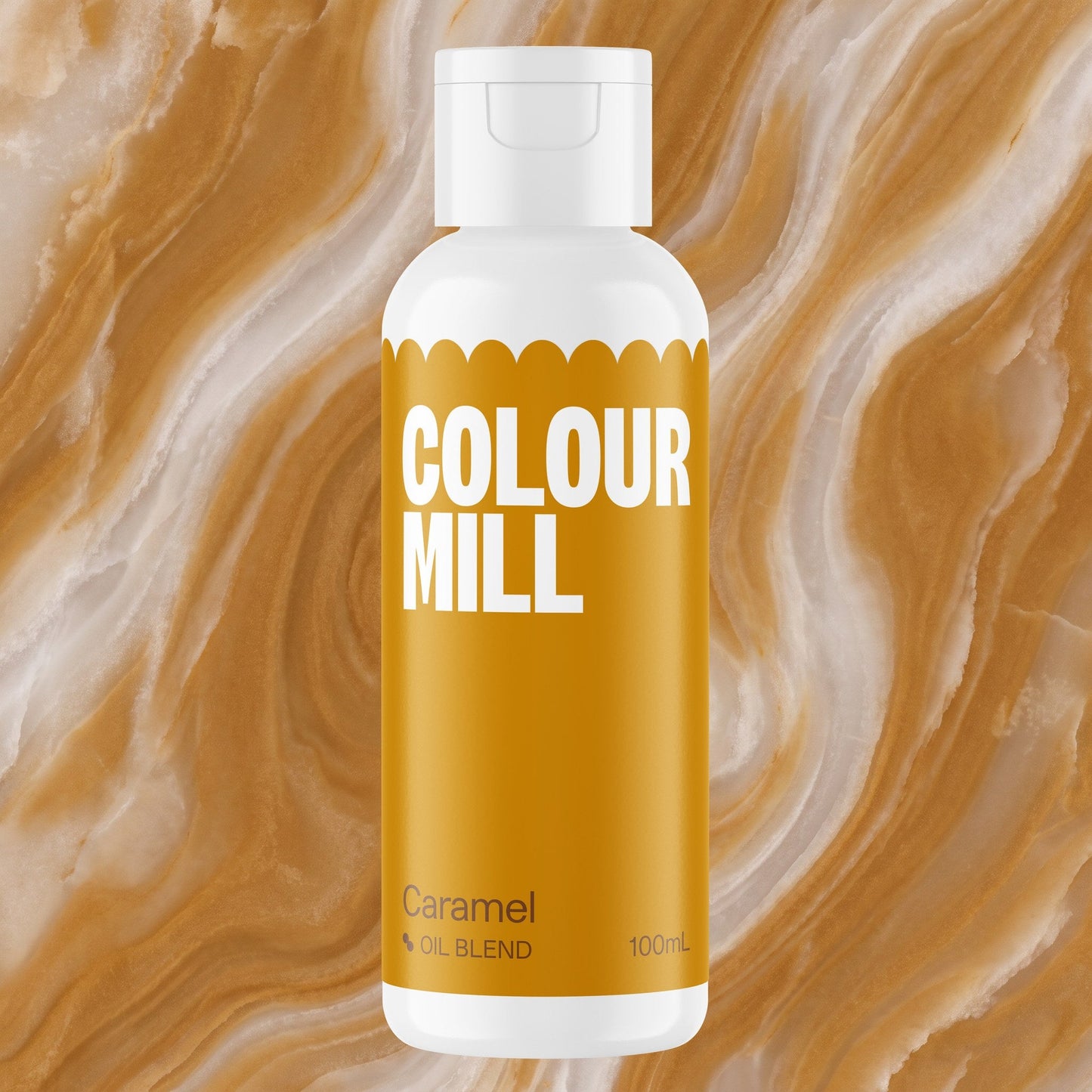 Colour Mill Caramel 100ml oil based food coloring bottle on a marbled background